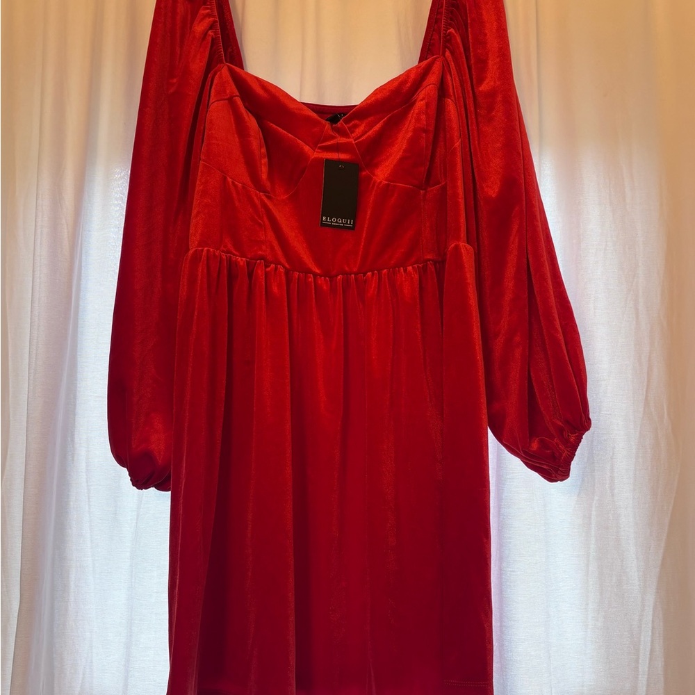 Eloquii Red Square Neck Bishop Sleeve Dress